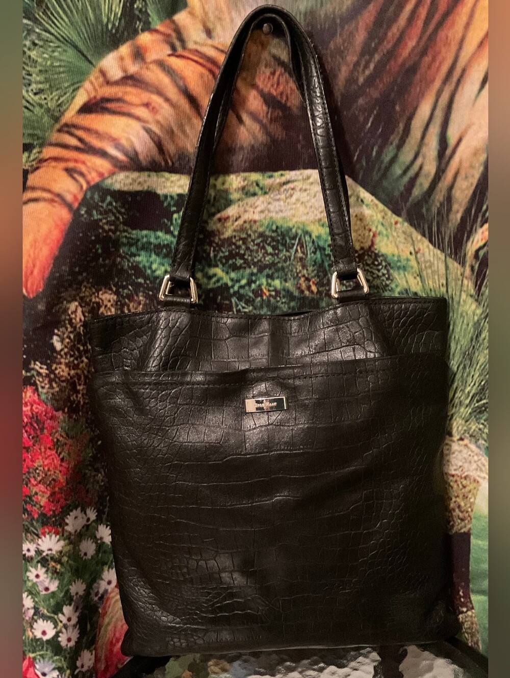 Cole Haan Black Croc-Embossed Leather Shoulder Tote